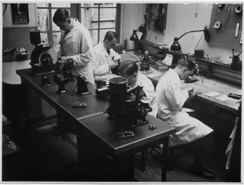 Historische Aufnahme von Mitarbeitern bei der Arbeit in der Augenoptikerwerkstatt von Brillen Krille in Rostock.